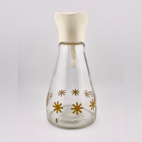 Vintage, Log Cabin Syrup Dispenser Clear Glass Gold with Atomic Starburst - Picture 5 of 9